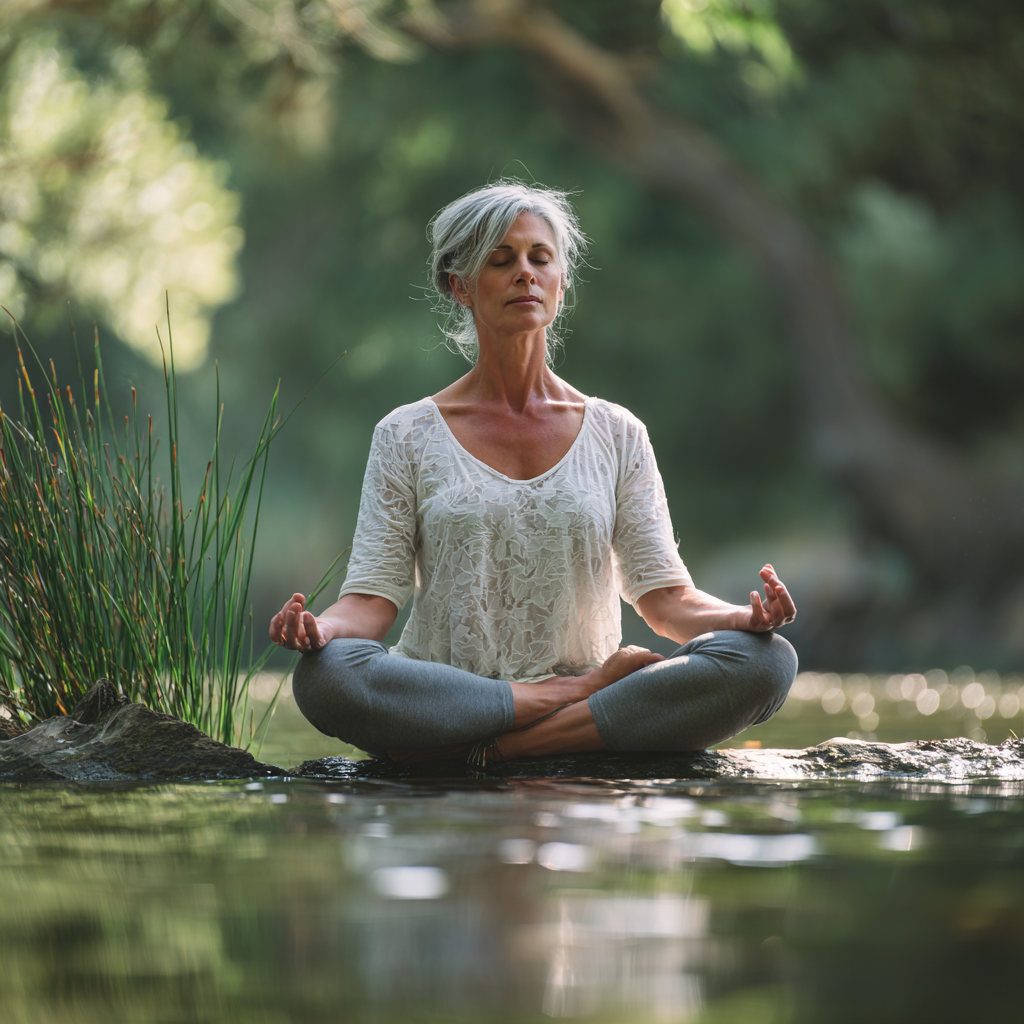 Peaceful middle-aged woman practicing yoga meditation in serene natural environment